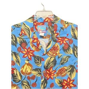 Joe Kealoha's Hawaiian Shirt Mens M Blue Rayon Fruit Floral Made Hawaii